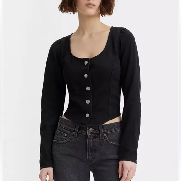 LEVIS DARYN CORSET STYLE DENIM TOP LARGE BLACK - Picture 2 of 8